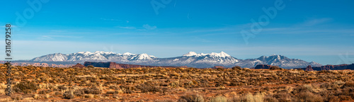 Big panorama of La Sal Mountains in Canyonlands National Park