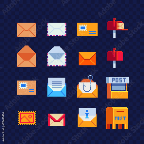 Post pixel art icon set, data, document, note, Open and closed envelope, message and mailbox, post office, isolated vector illustration. Element design for sticker, logo, web, mobile app. 8-bit.