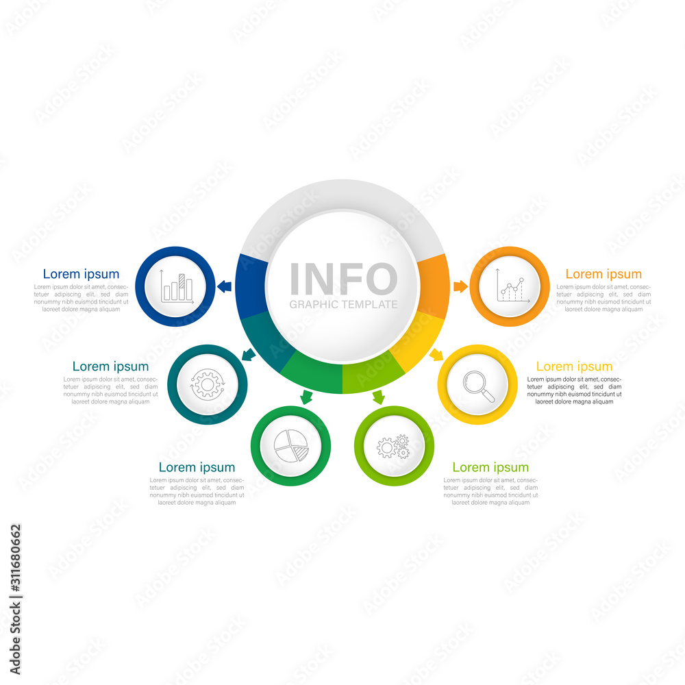 Infographic circle element template can be used for workflow layout, diagram, number options, web design. Infographic business concept with 6 option, parts, steps or processes. Infographic circle element template can be used for workflow layout, diagram, number options, web design. Infographic business concept with 6 option, parts, steps or processes.