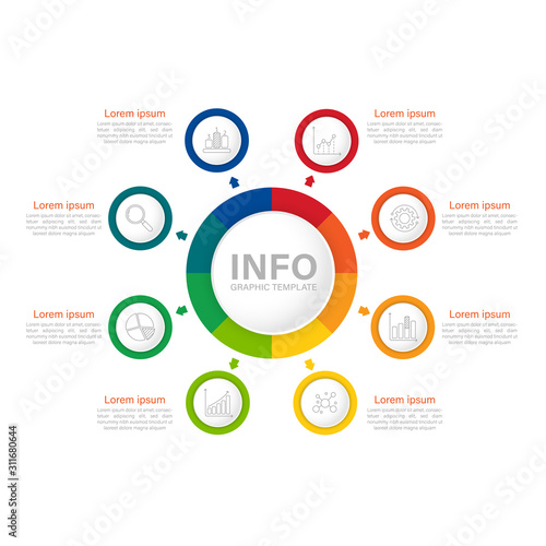 Infographic circle element template can be used for workflow layout, diagram, number options, web design. Infographic business concept with 8 option, parts, steps or processes. 