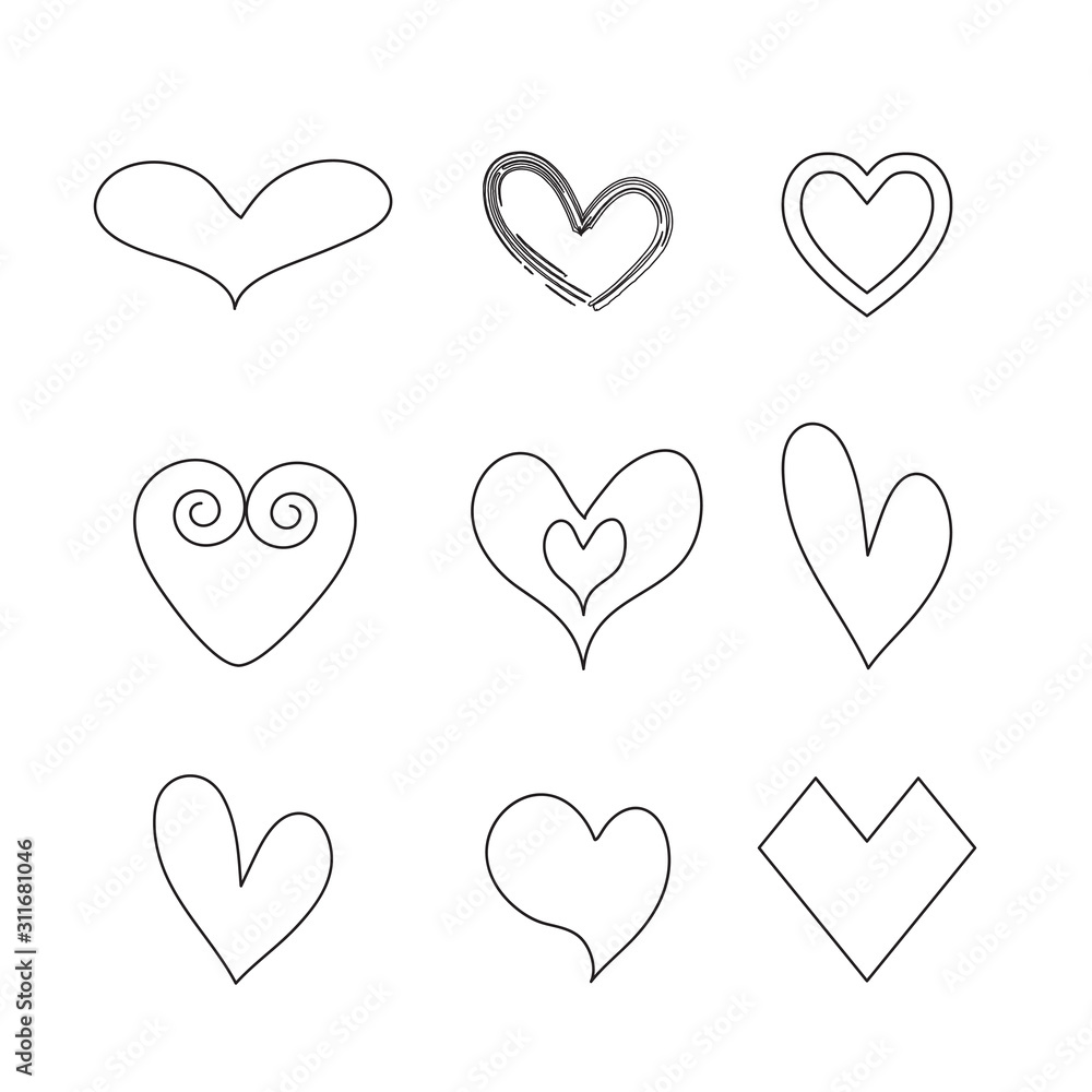 Hand drawn cute heart shape collection set in different patterns isolated on white background.Design for elements of Valentines Day, Wedding card, Postcard, Flat icon ,Love logo.Vector Illustration.