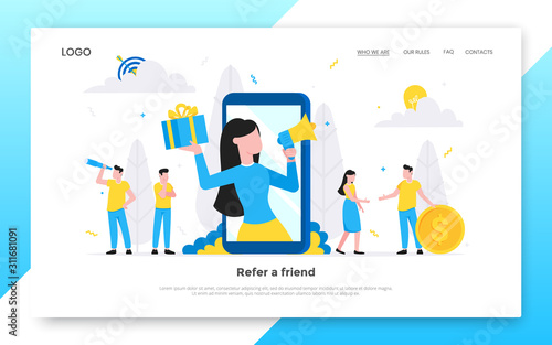 Refer a friend flat style design vector illustration landing page concept. Woman with megaphone and gift box standin up in the smartphone and shout out to the people.