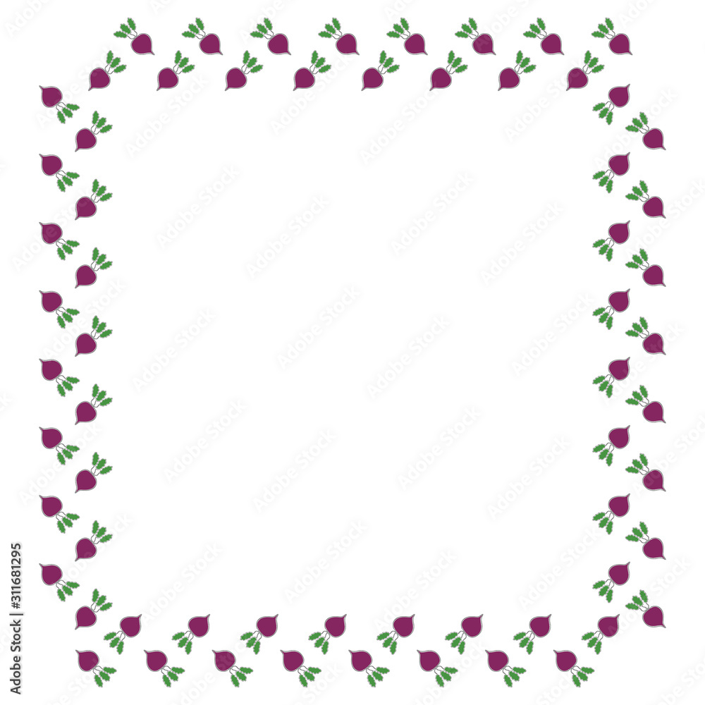 Beetroot square frame with tops on a white background. Contours from one line. Place for text. Vector.