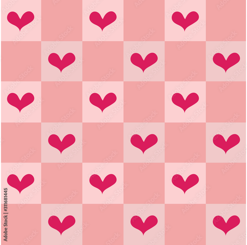 Hand drawn sweetest heart red color seamless pattern on pink checkerboard bankground. 