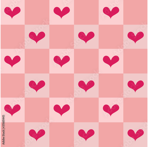 Hand drawn sweetest heart red color seamless pattern on pink checkerboard bankground. 