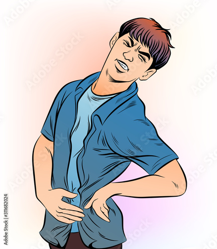 A young man with pain in the waist. Hand drawn style vector design illustrations. Separate images from white background
