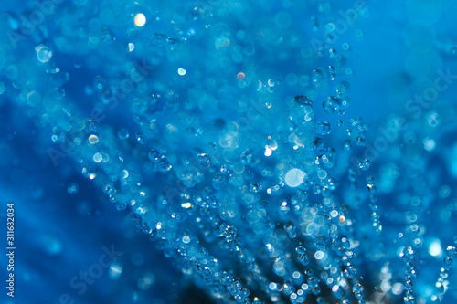 water drops on blue surface, bokeh style