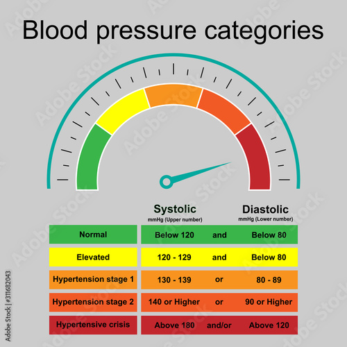 Table of blood pressure categories infographic with speedometer show hypertensive crisis isolated on grey background.Stage of hypertension disease.Concept for medical health care.Vector.Illustration. photo
