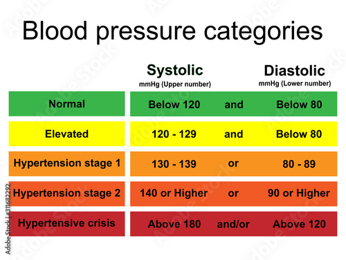Periodic table of blood pressure categories infographic isolated on white background.Stage of hypertension disease.Concept for heart medical health care.Vector.Illustration.