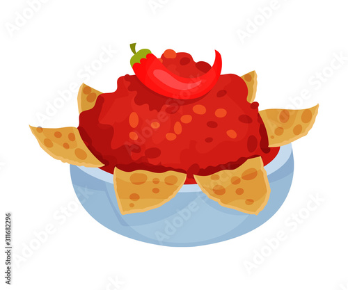 Nachos Served in Deep Bowl With Tomato Spicy Sauce Vector Illustration