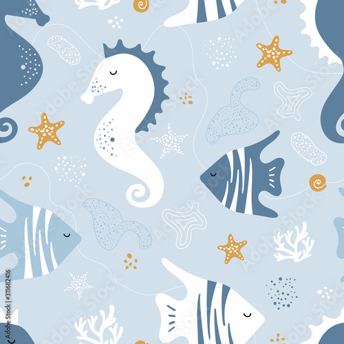 Seamless pattern with sea horses  fish.
