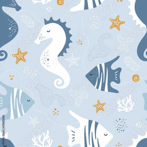 Seamless pattern with sea horses, fish.