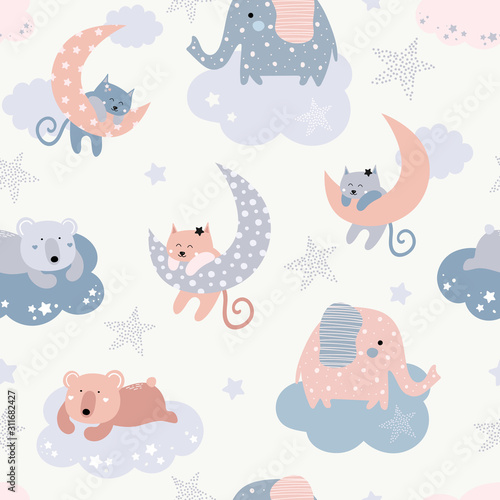 Cute seamless pattern with cats, elephants, bears