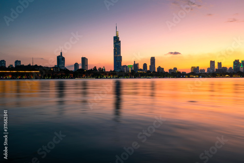 Skyline of Nanjing City by Xuanwu Lake at Sunset