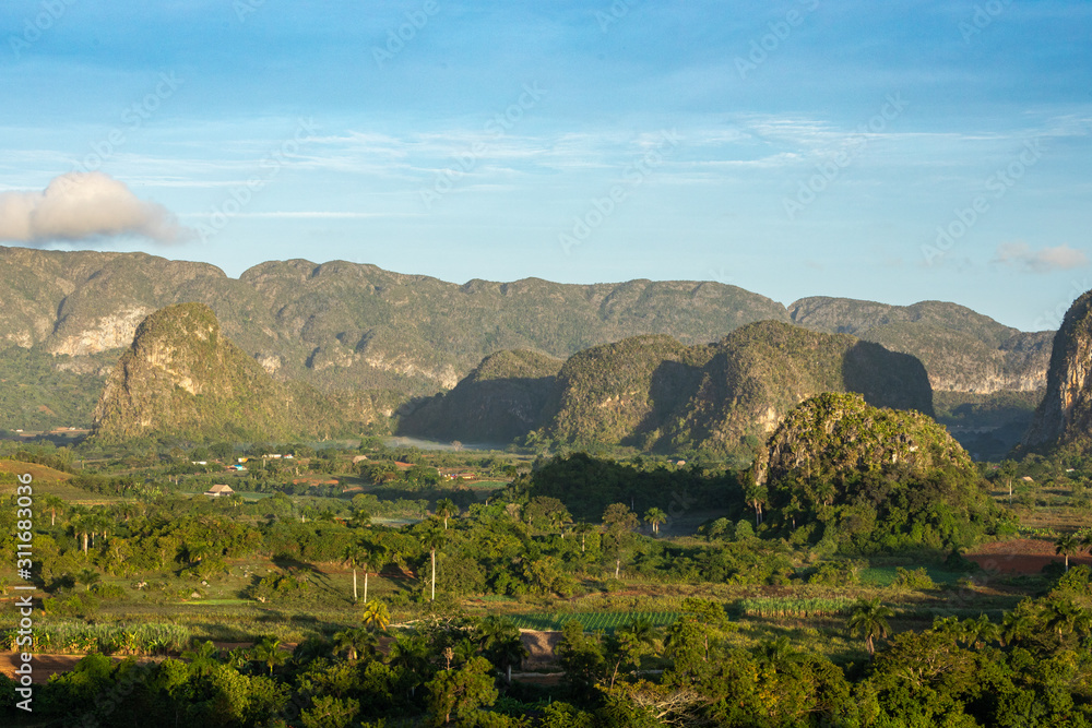 Panoramic view over landscape with mogotes in Vinales Valley, Cuba.