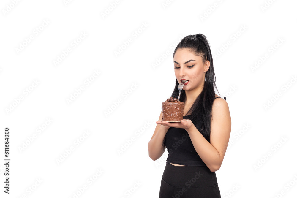 girl eating cake on white background girl eating cake on white background