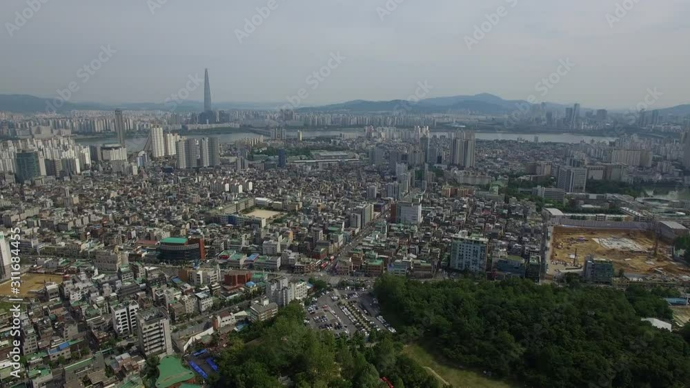 View of Seoul, Han River from afar, drone shot View of Seoul, Han River from afar, drone shot