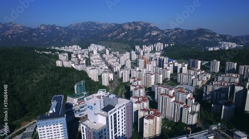Seoul, scenery of apartment complex near Bukhan Mountain, drone shot photo