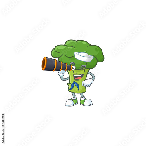 Picture of Smiling happy Sailor green broccoli with binocular