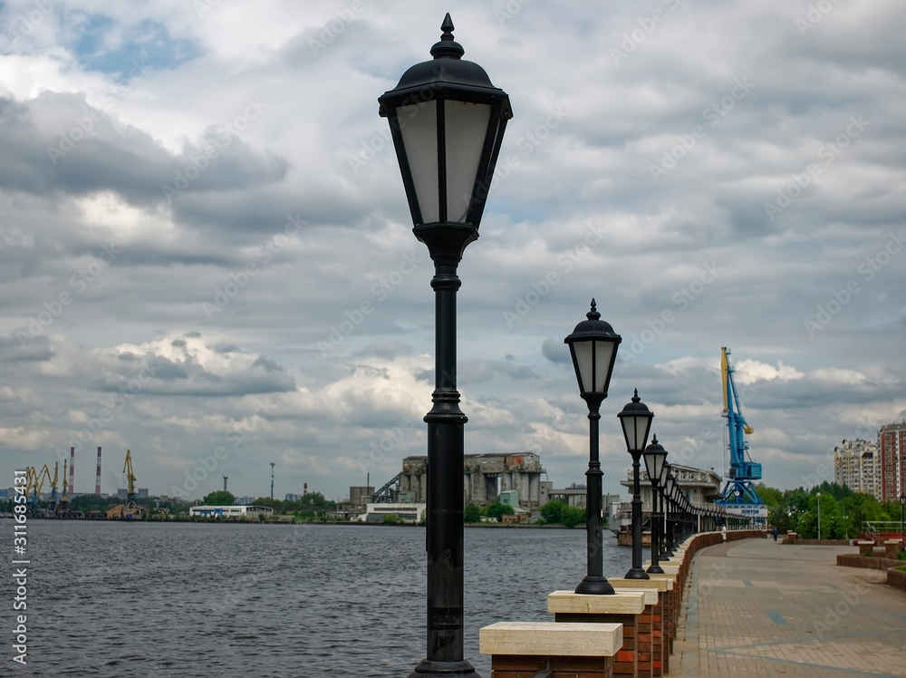 classical lanterns on the embankment, Moscow.