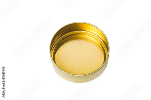 tin can gold color isolated on white background, mock up