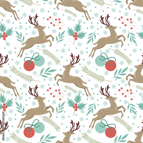 Seamless Christmas pattern with Deer, berries, and snow flakes. Vector illustration.