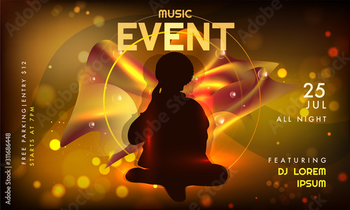 Music Event Invitation, Banner or Flyer Design with Silhouette Modern Female on Golden Silk Fabric Bokeh Background.