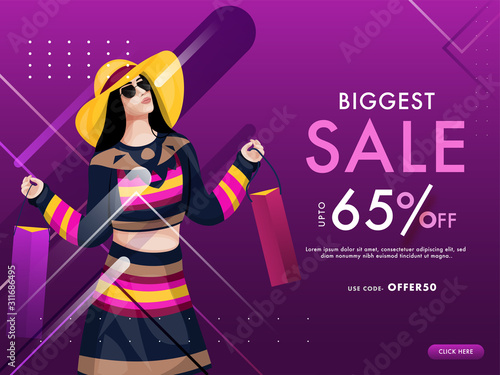 Biggest Sale Web Poster Design with 65% Discount Offer and Modern Young Girl holding Shopping Bag on Purple Abstract Background.