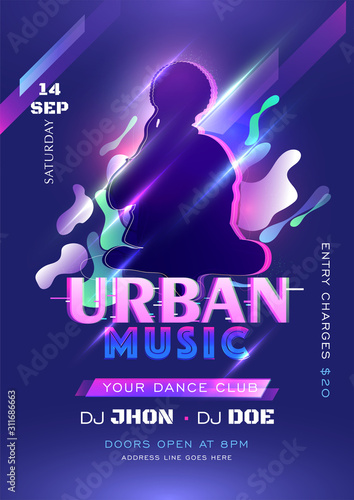 Urban Music Template or Flyer Design with Female Silhouette and Lights Effect on Abstract Fluid Art background.