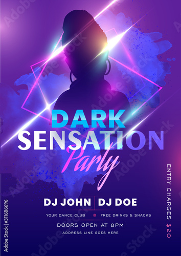 Dark Sensation Party Flyer Design with Silhouette Female and Lights Effect on Purple Watercolor Effect Background.
