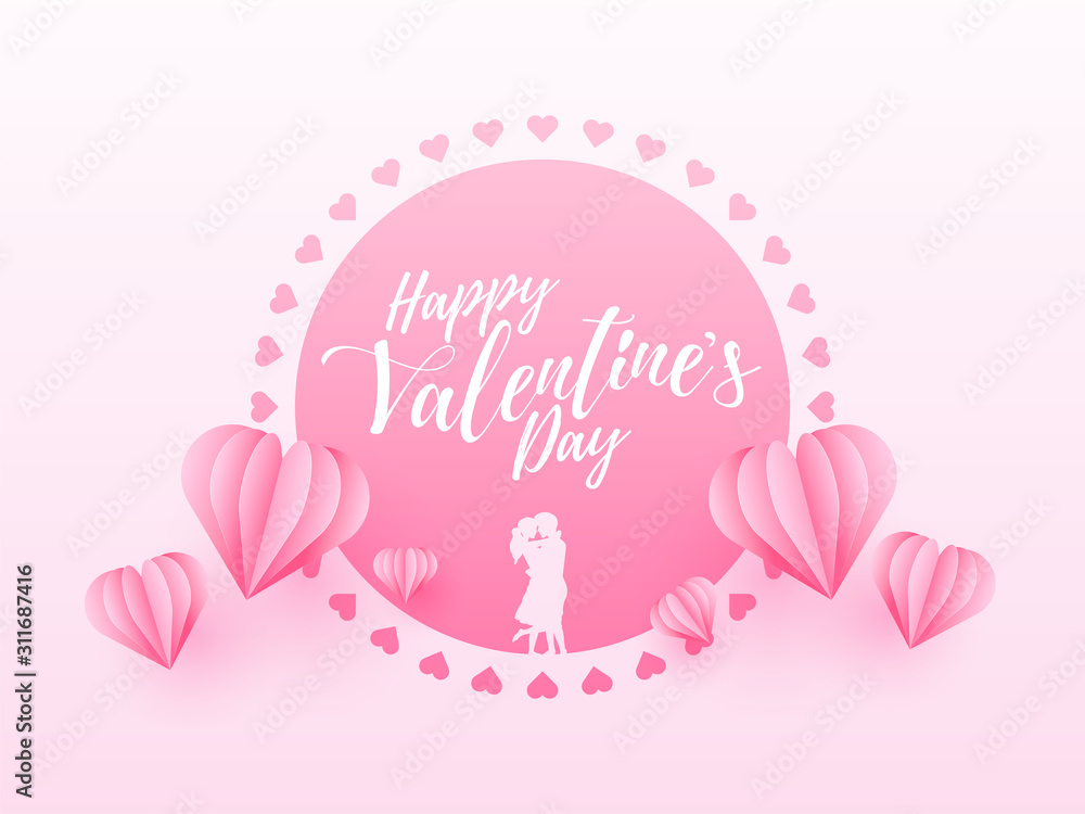 Happy Valentine's Day Font with Silhouette Romantic Couple and Pink Origami Paper Hearts Decorated Background.