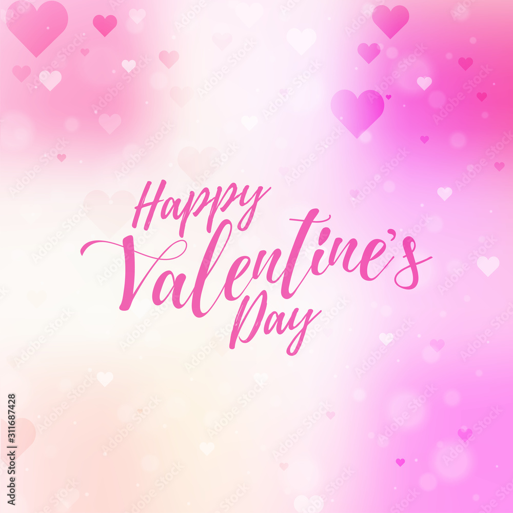 Calligraphy Happy Valentine's Day Text on White and Pink Hearts Bokeh Background.