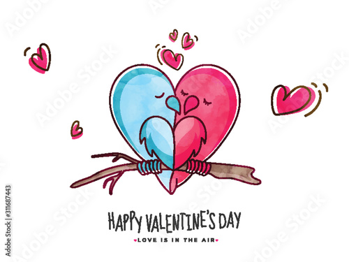 Blue and Pink Watercolor Loving Birds Couple Sitting on Branch with Hearts for Happy Valentine's Day Celebration.