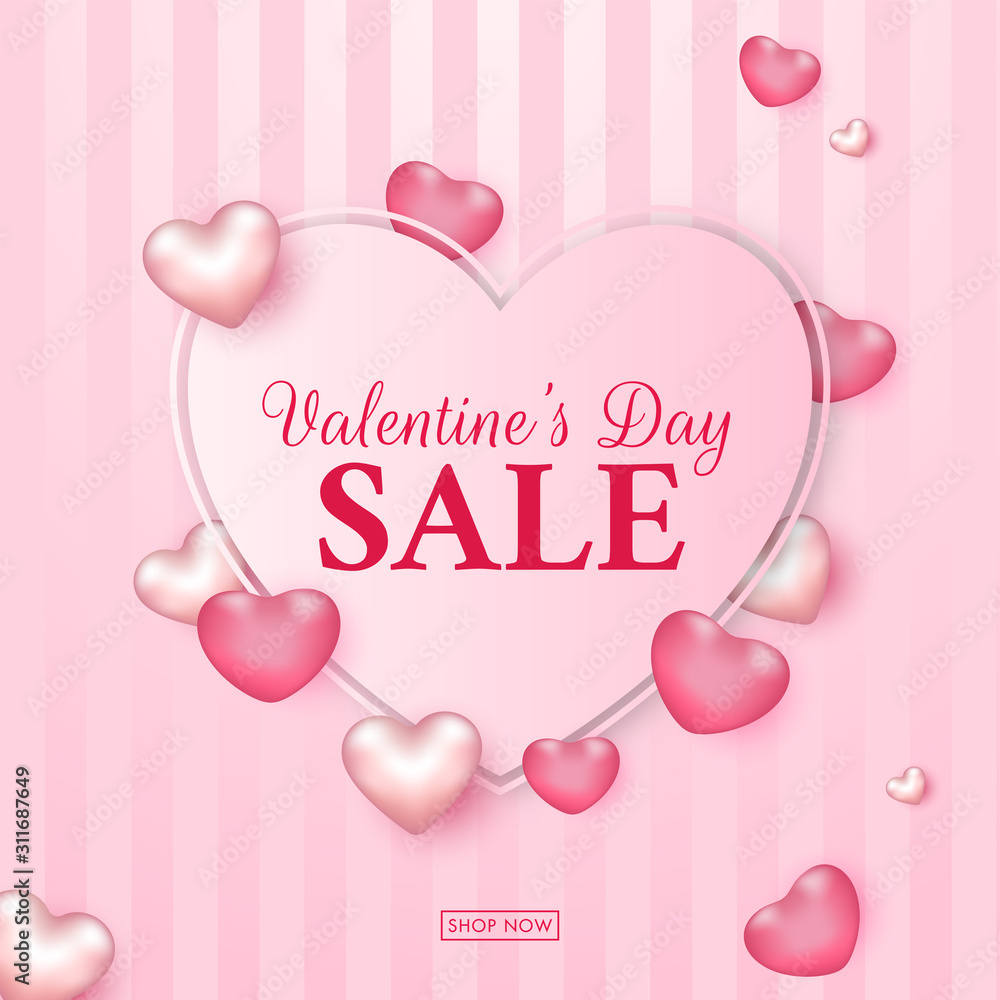 Valentine's Day Sale Text in Heart Shape Decorated with Pink Glossy Hearts on Striped Background for Advertising Concept.