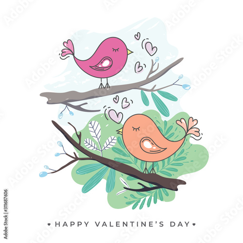 Happy Valentine's Day Celebration Concept with Loving Birds Sitting on Tree Branch.