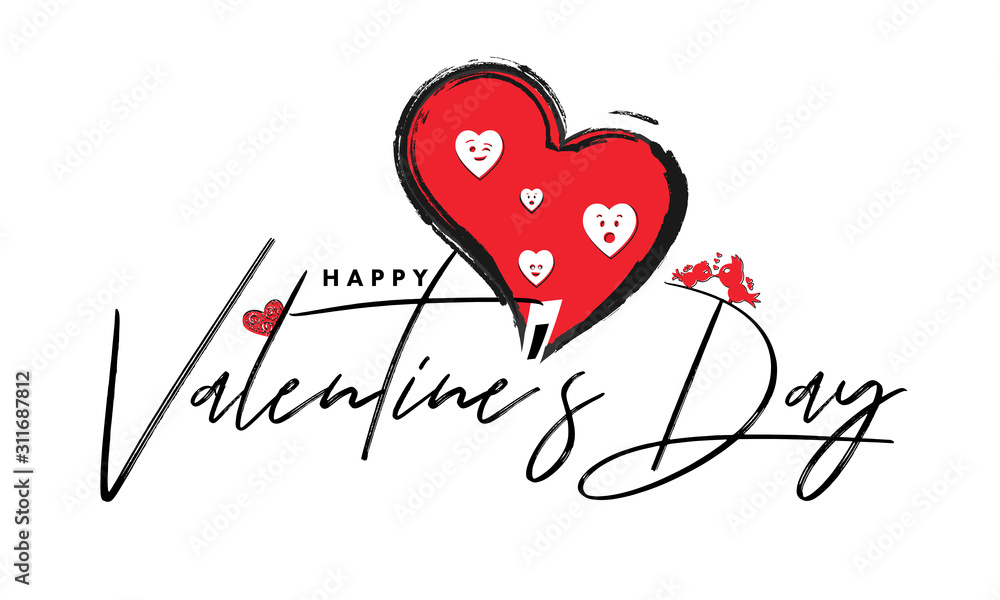 Happy Valentine's Day Text with Loving Birds Couple and Creative Hearts Expression on White Background.