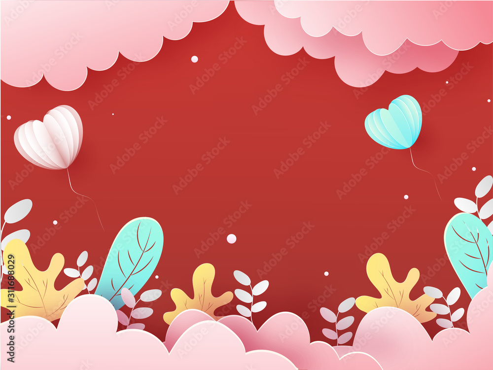 Paper Cut Style Cloudy Red Background with Heart Shaped Balloons and Autumn Leaves.