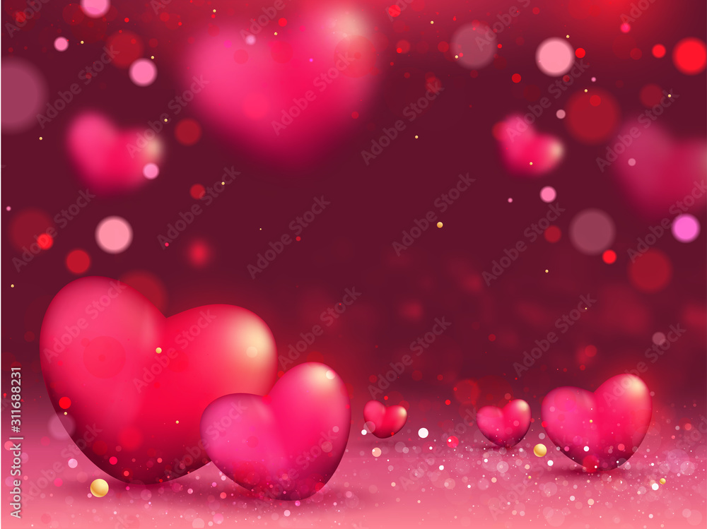 Pink and Red Realistic Hearts Decorated on Burgundy Bokeh Background.
