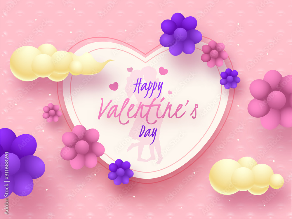 Happy Valentine's Day Text with Silhouette Loving Couple in White Heart Shape Decorated with Glossy Flowers and Clouds on Pink Background.