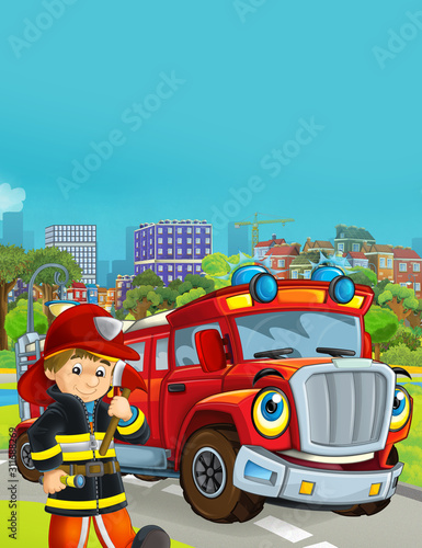 Fototapeta Naklejka Na Ścianę i Meble -  cartoon scene with fireman vehicle on the road driving through the city and fireman standing near by - illustration for children