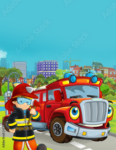 Fototapeta Naklejka Na Ścianę i Meble -  cartoon scene with fireman vehicle on the road driving through the city and fireman standing near by - illustration for children