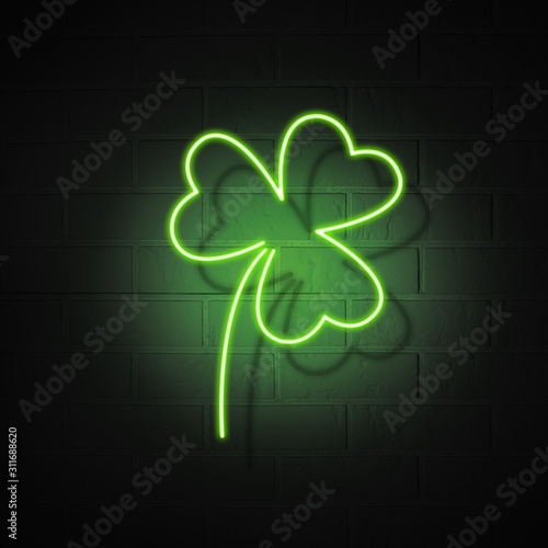Neon signboard in the shape of a clover trefoil on a brick wall background. The symbol of the holiday St. Patrick's Day.