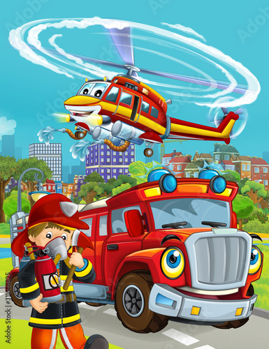 cartoon scene with fireman vehicle on the road driving through the city and helicopter flying over and fireman standing near - illustration for children