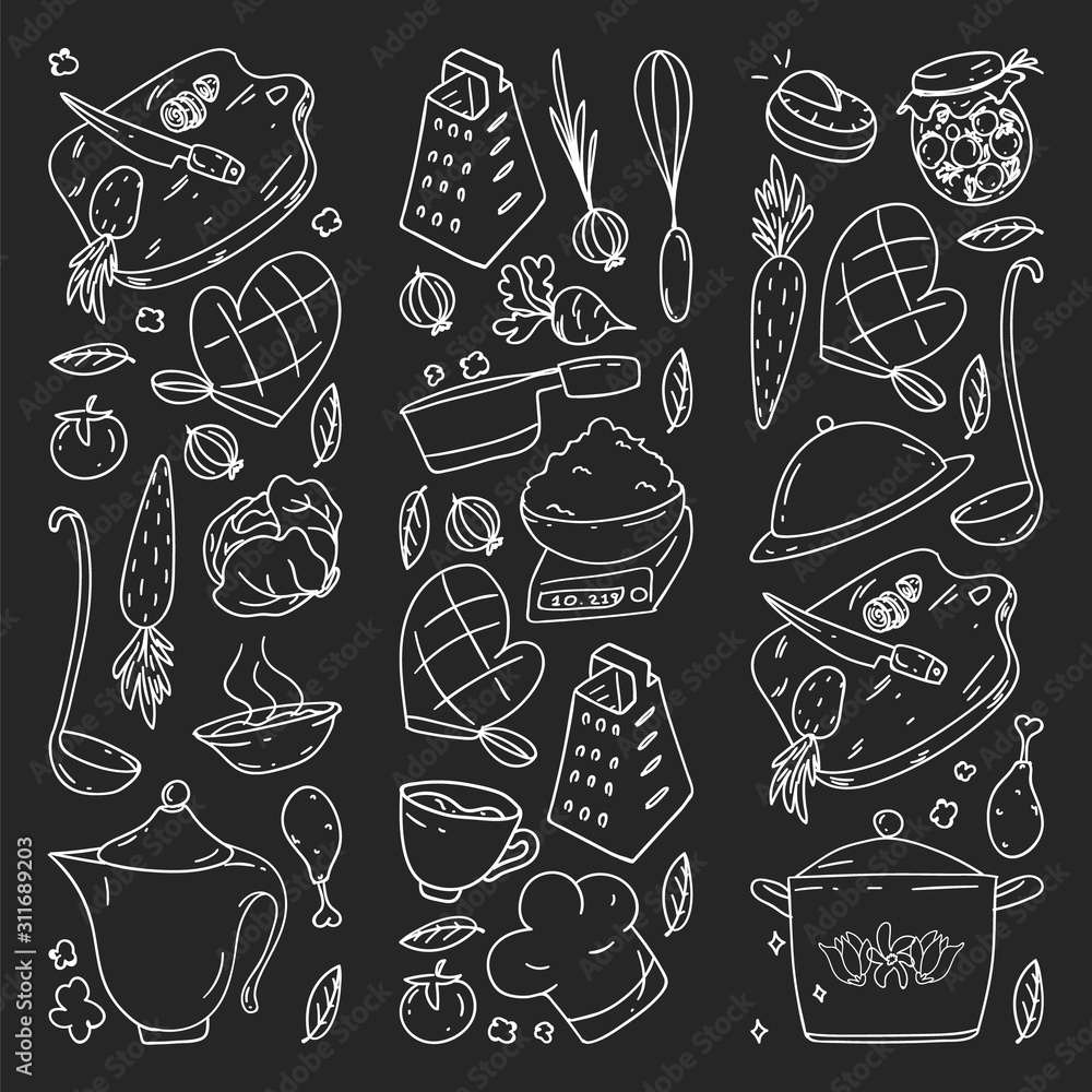 Pattern on blackboard drawn in chalk, with gastronomy icons, vector cuisine and fast food cafe bright background for menu, receipts.