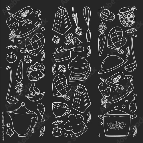 Pattern on blackboard drawn in chalk, with gastronomy icons, vector cuisine and fast food cafe bright background for menu, receipts.