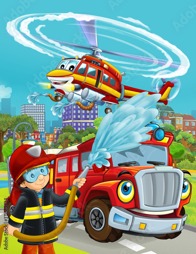 cartoon scene with fireman vehicle on the road driving through the city and helicopter flying over and fireman standing near - illustration for children