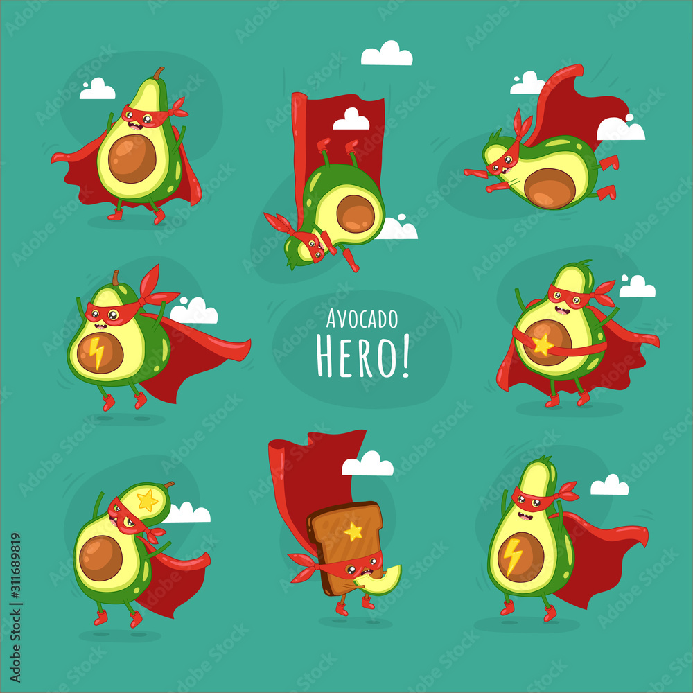 Fototapeta premium Funny cartoon character of avocado super hero.