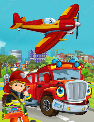 cartoon scene with fireman vehicle on the road driving through the city and plane flying over and fireman standing near - illustration for children