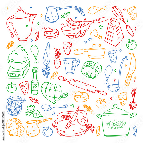 colored pattern drawn by crayons  gastronomy icons  vector cuisine and fast food cafe bright background for menu  receipts.