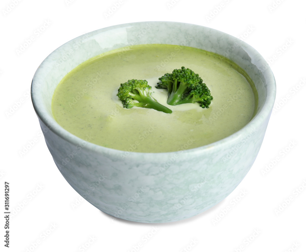 Delicious broccoli cream soup isolated on white Delicious broccoli cream soup isolated on white